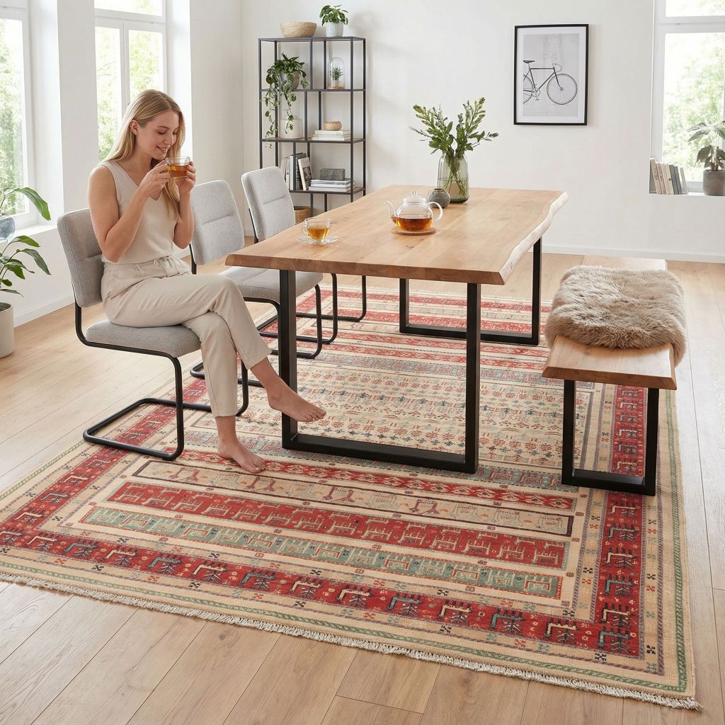 Wohnraumbild Esszimmer mit handgewebter Kelim Afschar-Tabii Teppich unter Holztisch und Stuehlen