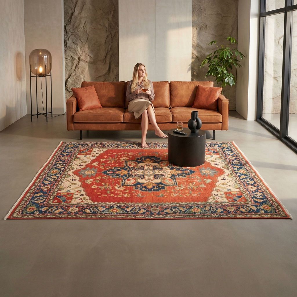 Wohnzimmer mit handgeknüpfter Teppich Bakhshayesh in Rot Blau vor brauner Ledercouch