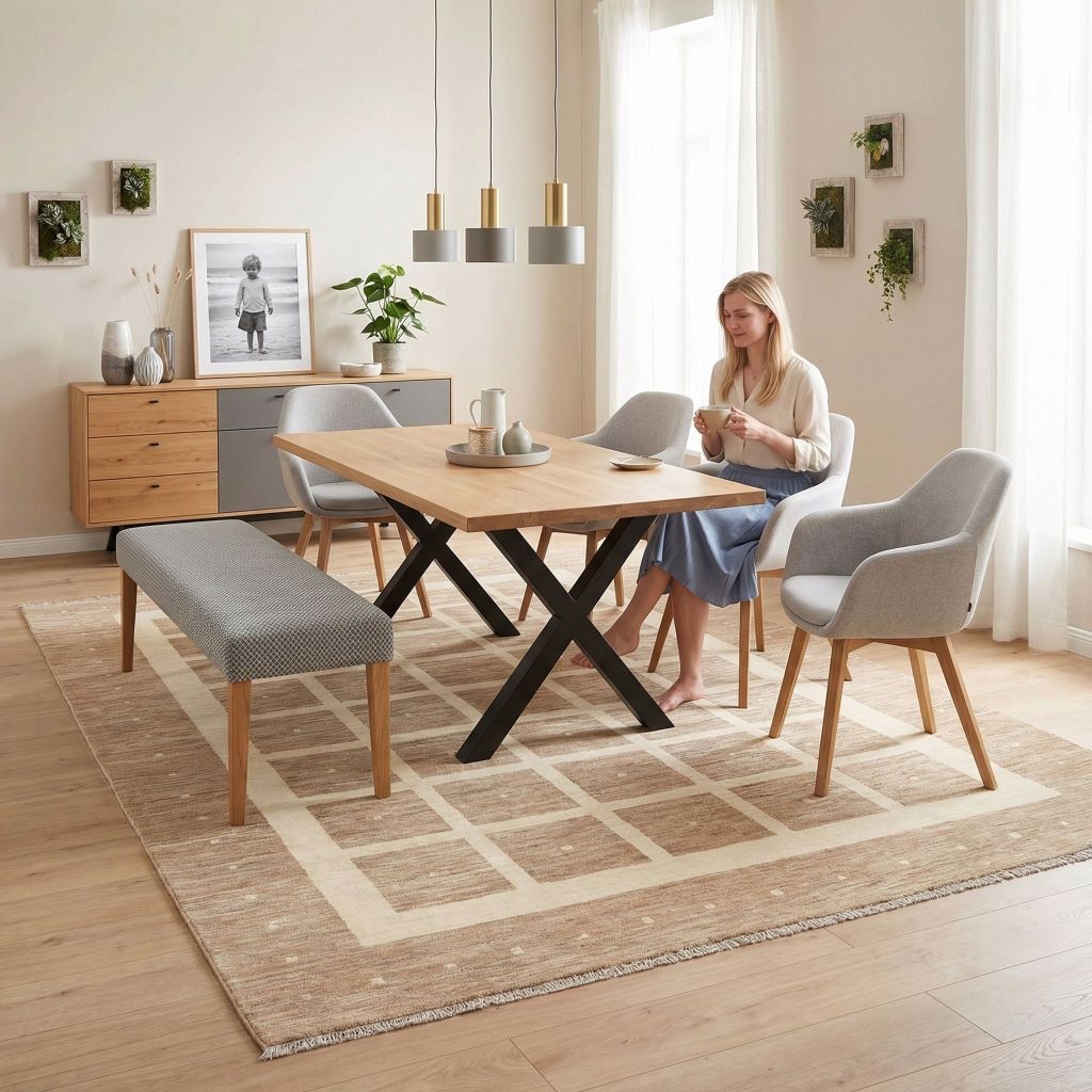 Skandinavisch eingerichtetes Esszimmer mit handgeknüpftem Teppich Bidjar-Novum und geometrischem Muster