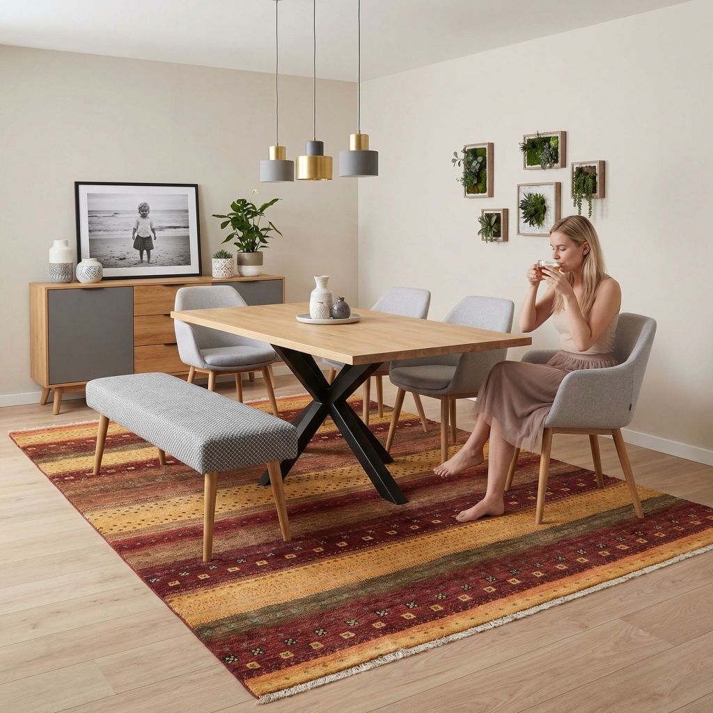 Handgeknüpfter Teppich Bidjar-Novum im Esszimmer unter Holztisch in warmen Rot Gelb Grün Tönen