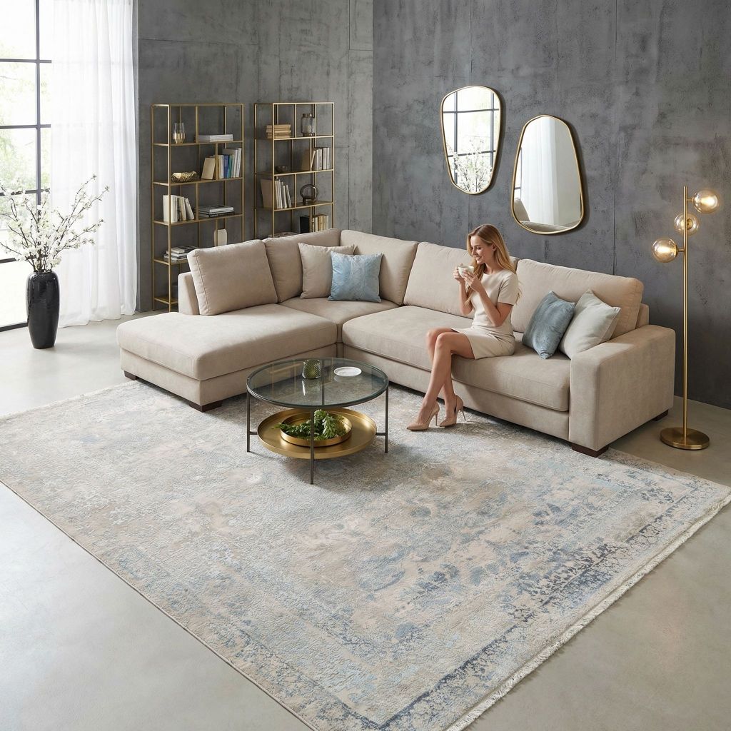 Design-Teppich blau-beige mit dezentem Muster im Wohnzimmer, passend zu skandinavischer Einrichtung