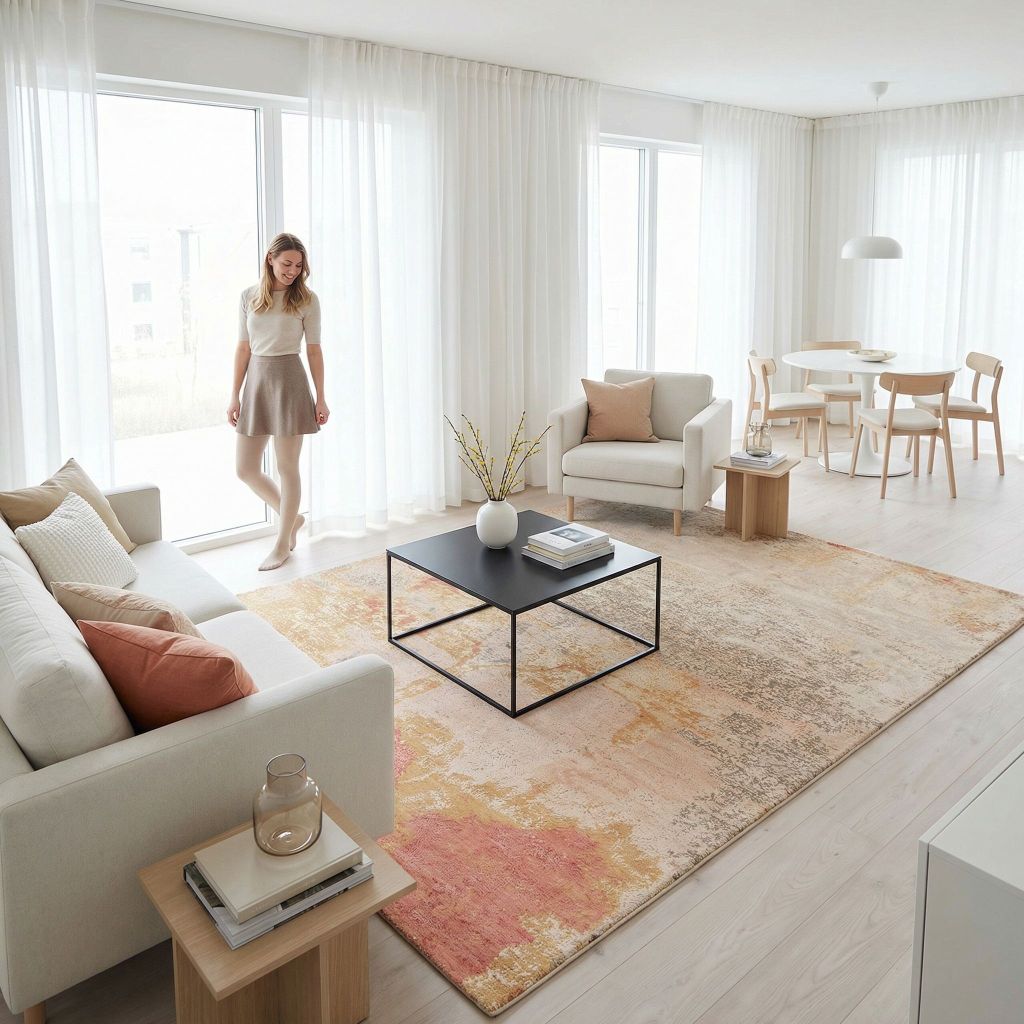 Wohnidee: großer moderner Designteppich in Beige/Rosé im skandinavischen Wohnraum