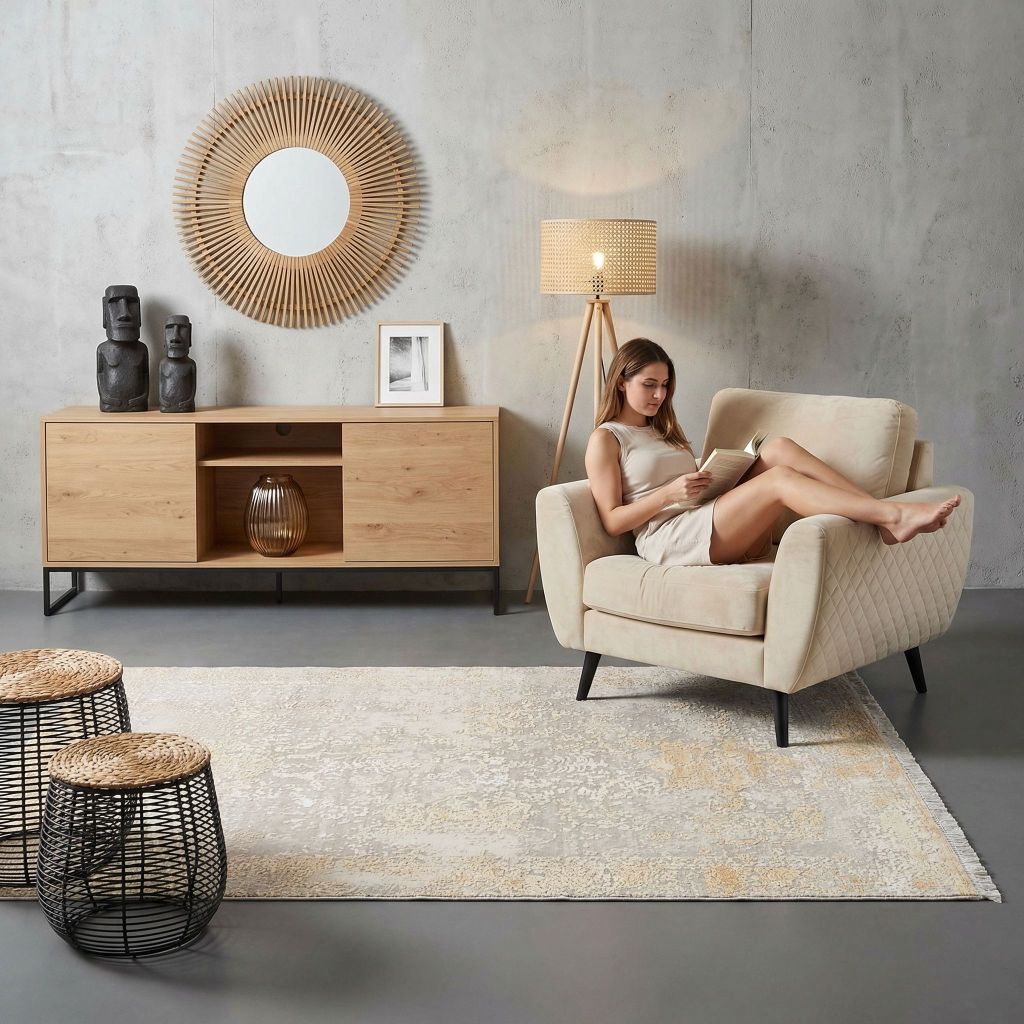 Ein moderner Wohnzimmer-Teppich in Beige und gold mit Vintage-Muster vor Sessel und Sideboard