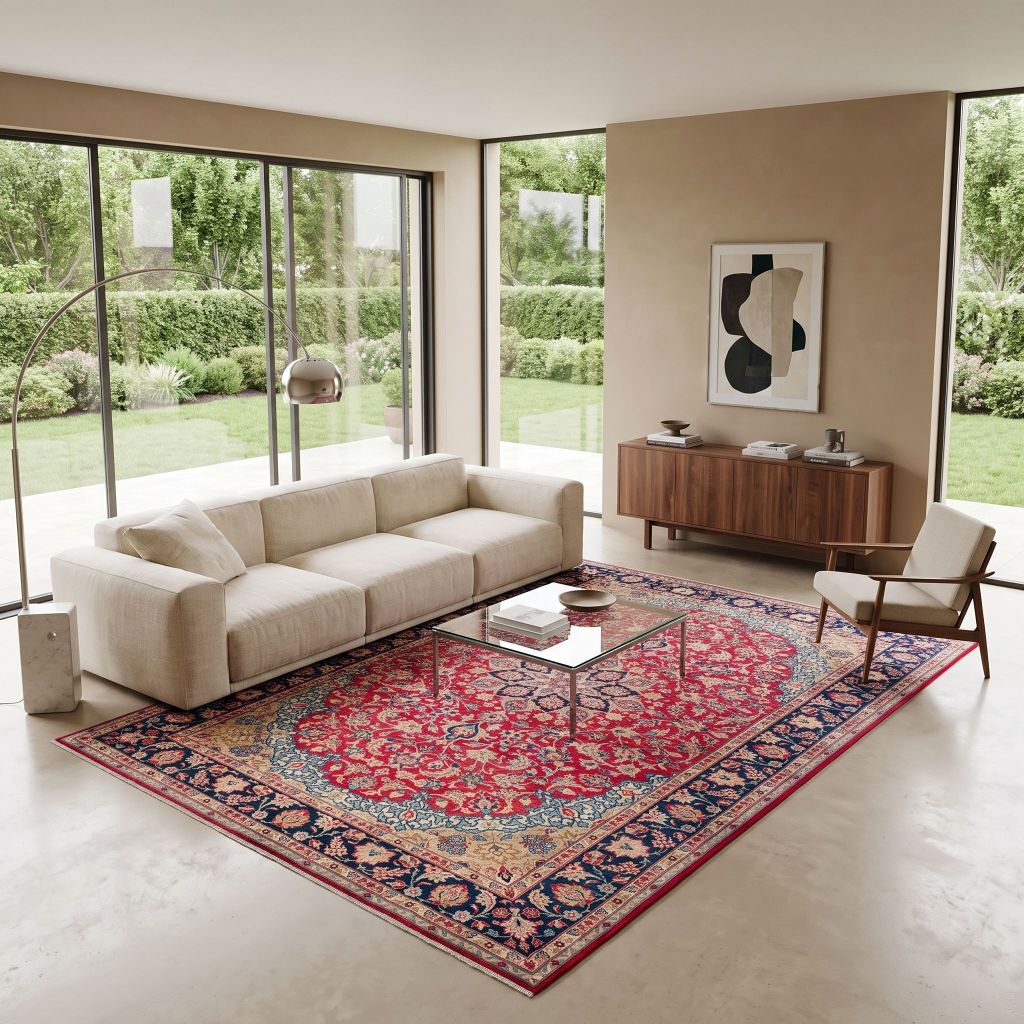 Helles modernes Wohnzimmer mit handgeknüpfter Teppich Essfahan in Rot Blau vor Sofa und Couchtisch
