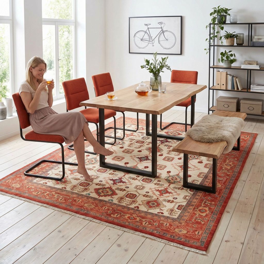 Moderner Essplatz mit handgeknüpftem Teppich Ghadimi als Blickfang auf hellem Holzboden