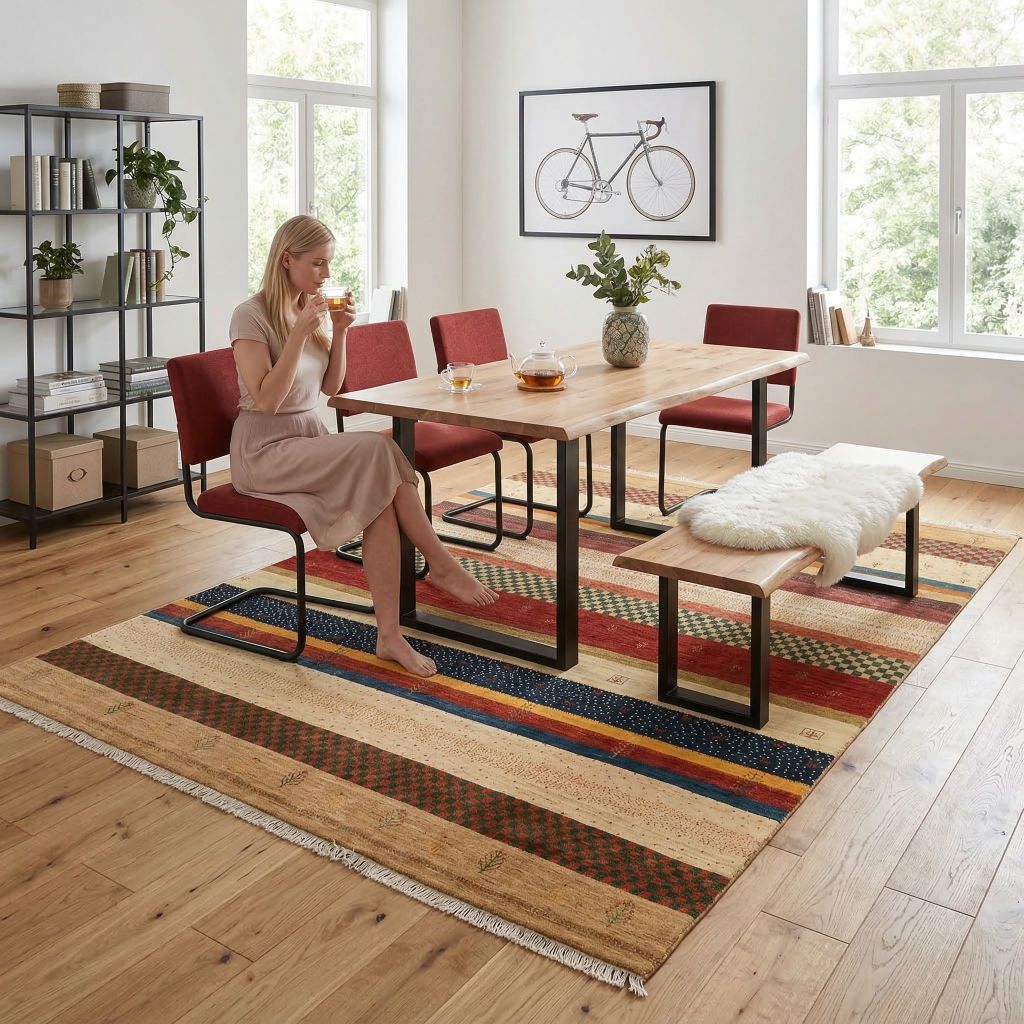 Heller Essbereich mit buntem Nomaden-Teppich im Streifenmuster unter Esstisch und Bank