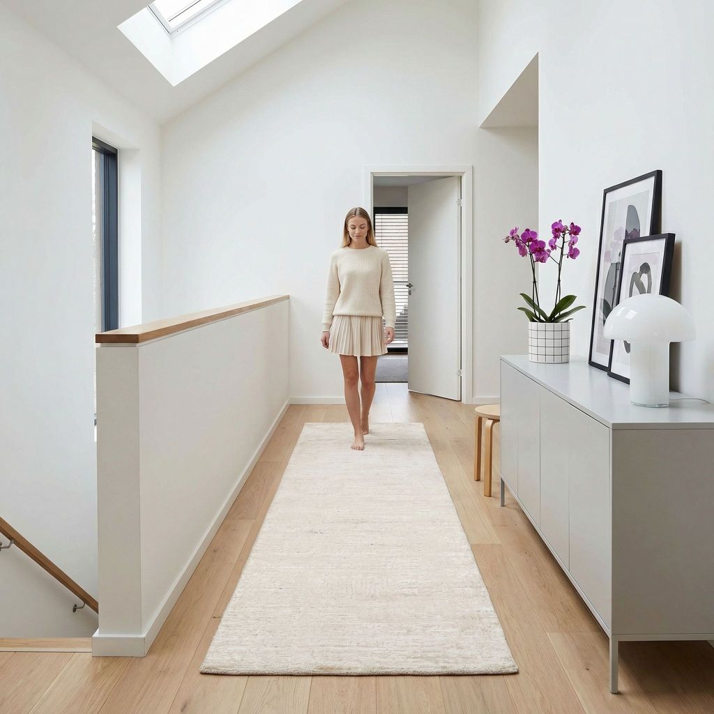 Handgewebter Teppich Eterno-Basic als heller Läufer im modernen Flur mit Holzfußboden