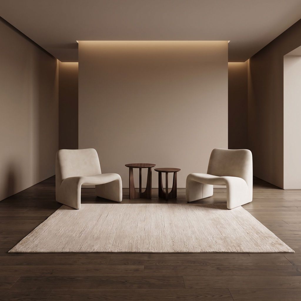 Wohnraumidee mit Eterno-Basic handgewebter Teppich in Beige im minimalistischen Wohnzimmer