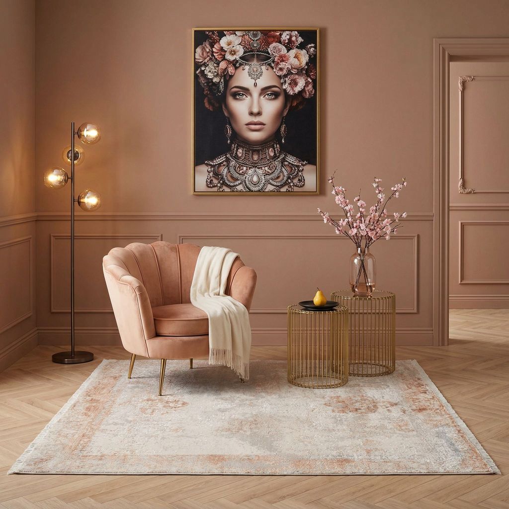 Handgeknüpfter Designer-Teppich Eterno als moderner Vintage Look Teppich im eleganten Wohnzimmer Setting