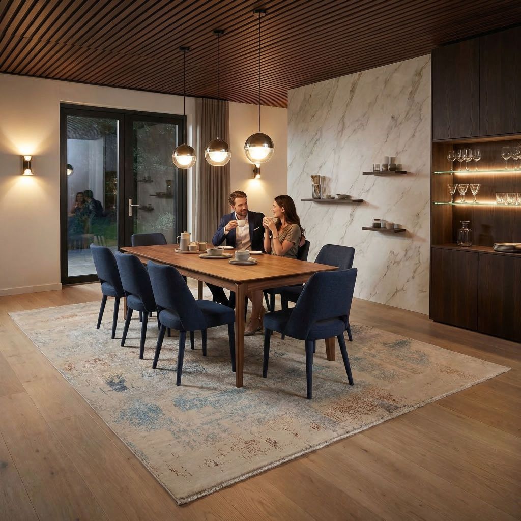 Handgeknüpfter Designer-Teppich Eterno im modernen Esszimmer unter Holztisch und blauen Stühlen