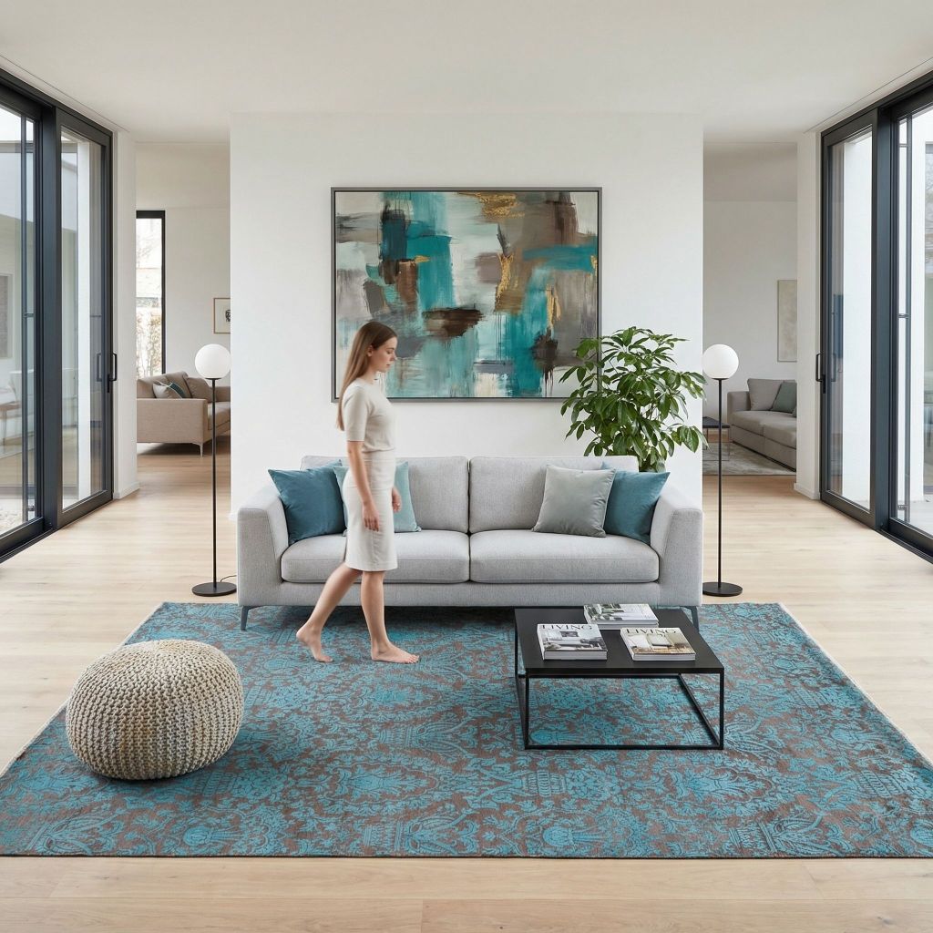 Wohnraumidee: handgeknüpfter Designer-Teppich Eterno im hellen Wohnzimmer mit grauem Sofa und schwarzem Couchtisch