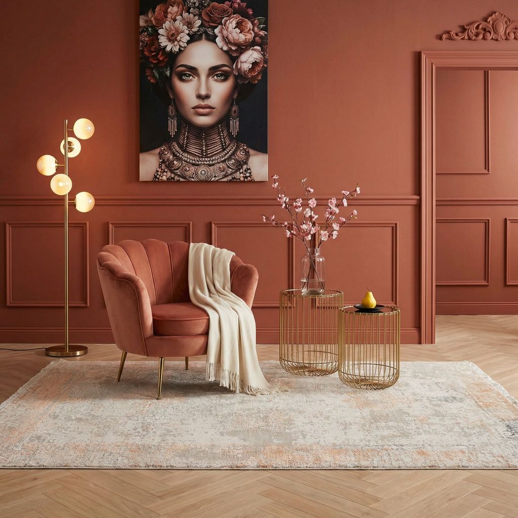 Wohnraumidee mit handgeknüpftem Designer-Teppich Eterno vor rostrosa Wand, goldenen Beistelltischen und Deko
