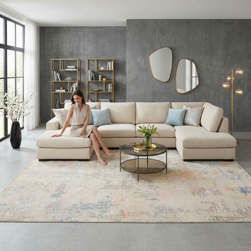 Moderne Wohnraumidee mit handgeknüpfter Teppich Eterno in hellen Beige Grau Tönen