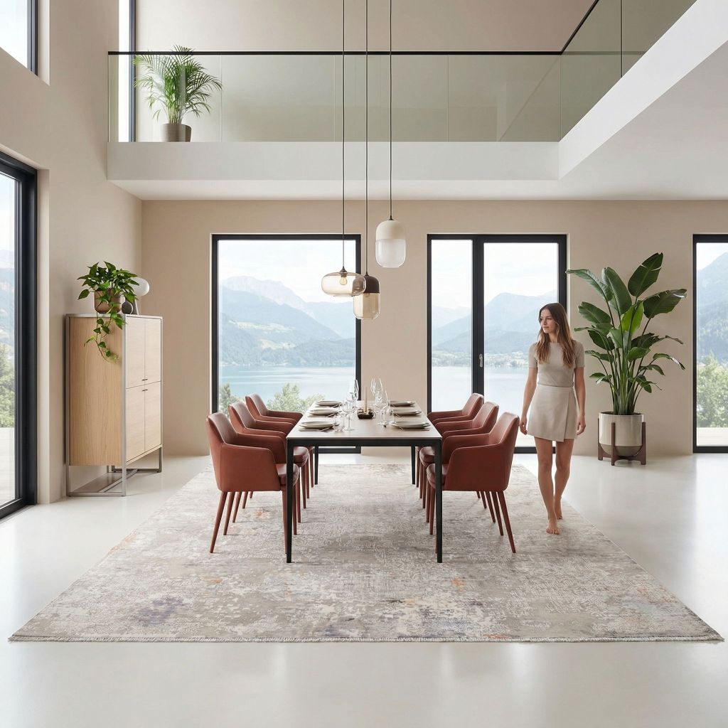 Handgeknüpfter Teppich Eterno im modernen Esszimmer unter großem Esstisch mit Lederstühlen