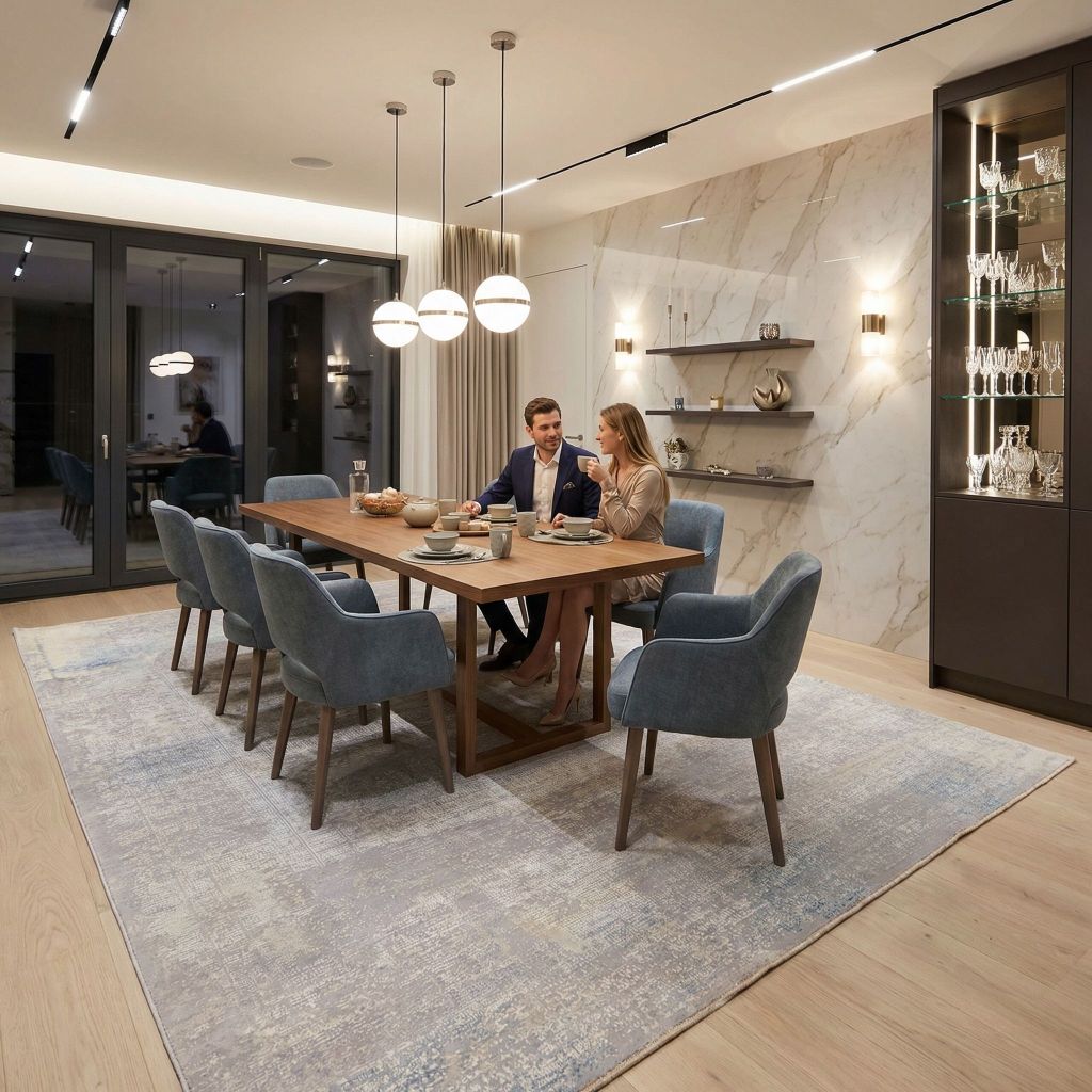 Elegantes Wohnraumbild mit handgeknüpftem Teppich Eterno im offenen Esszimmer mit Pendelleuchten und Holzfußboden