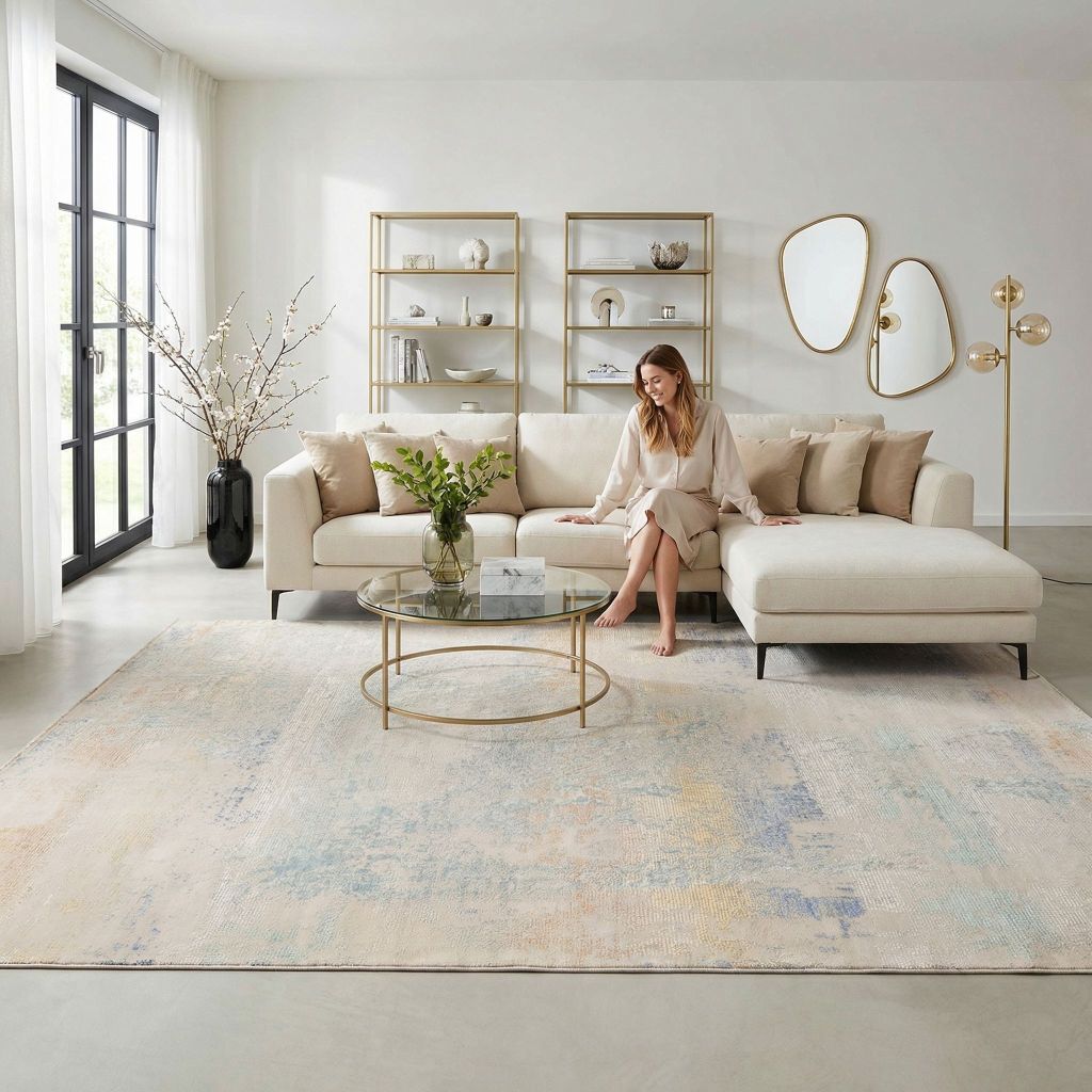 Wohnraumidee mit handgeknüpfter Teppich Eterno in Creme Beige und zarten Pastelltönen