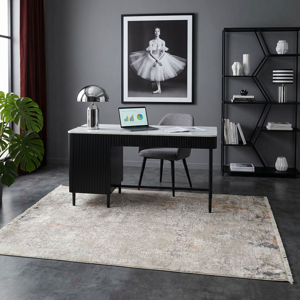 Modernes Büro Interior mit handgeknüpfter Teppich Eterno als großer Teppich unter dem Schreibtisch