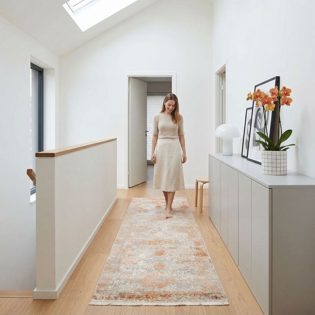 Minimalistischer Eingangsbereich mit handgeknüpfter Teppich Eterno Läufer und Sideboard