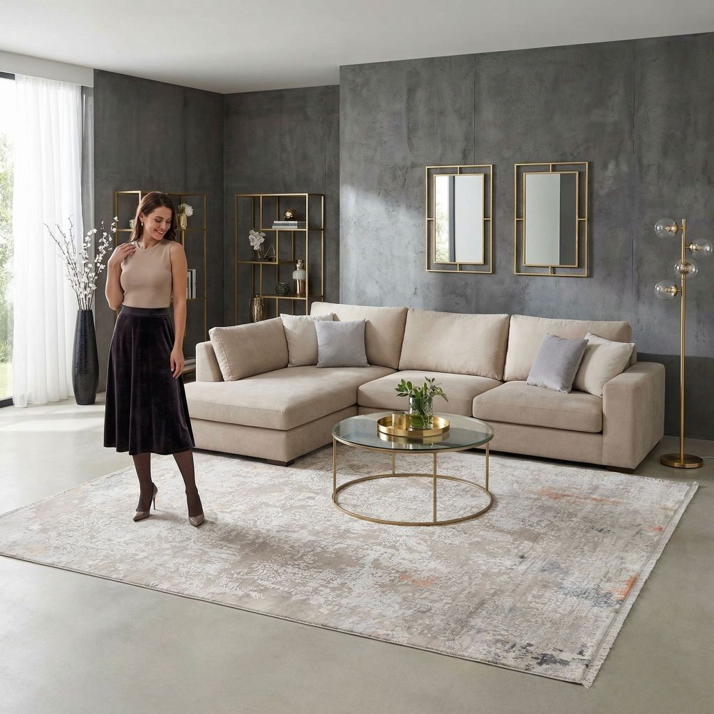 Handgeknüpfter Teppich Eterno im modernen Wohnzimmer mit beigem Ecksofa und rundem Glascouchtisch