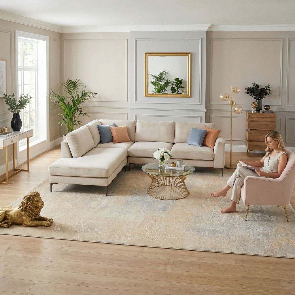 Elegantes Wohnzimmer mit handgeknüpftem Teppich Eterno in hellen Naturtönen und goldenen Akzenten