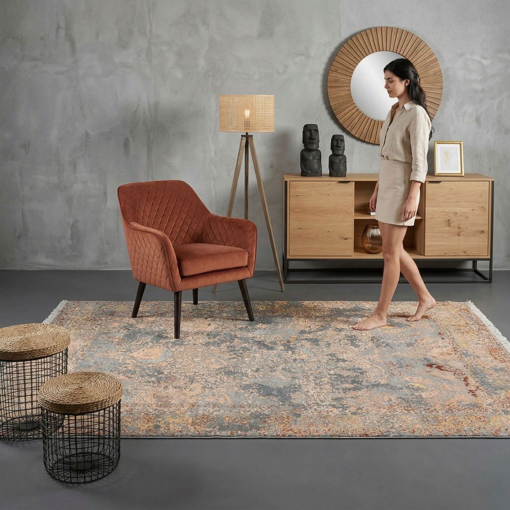 Handgeknüpfter Designer-Teppich Eterno im skandinavisch modernen Wohnbereich mit Sideboard und Stehlampe