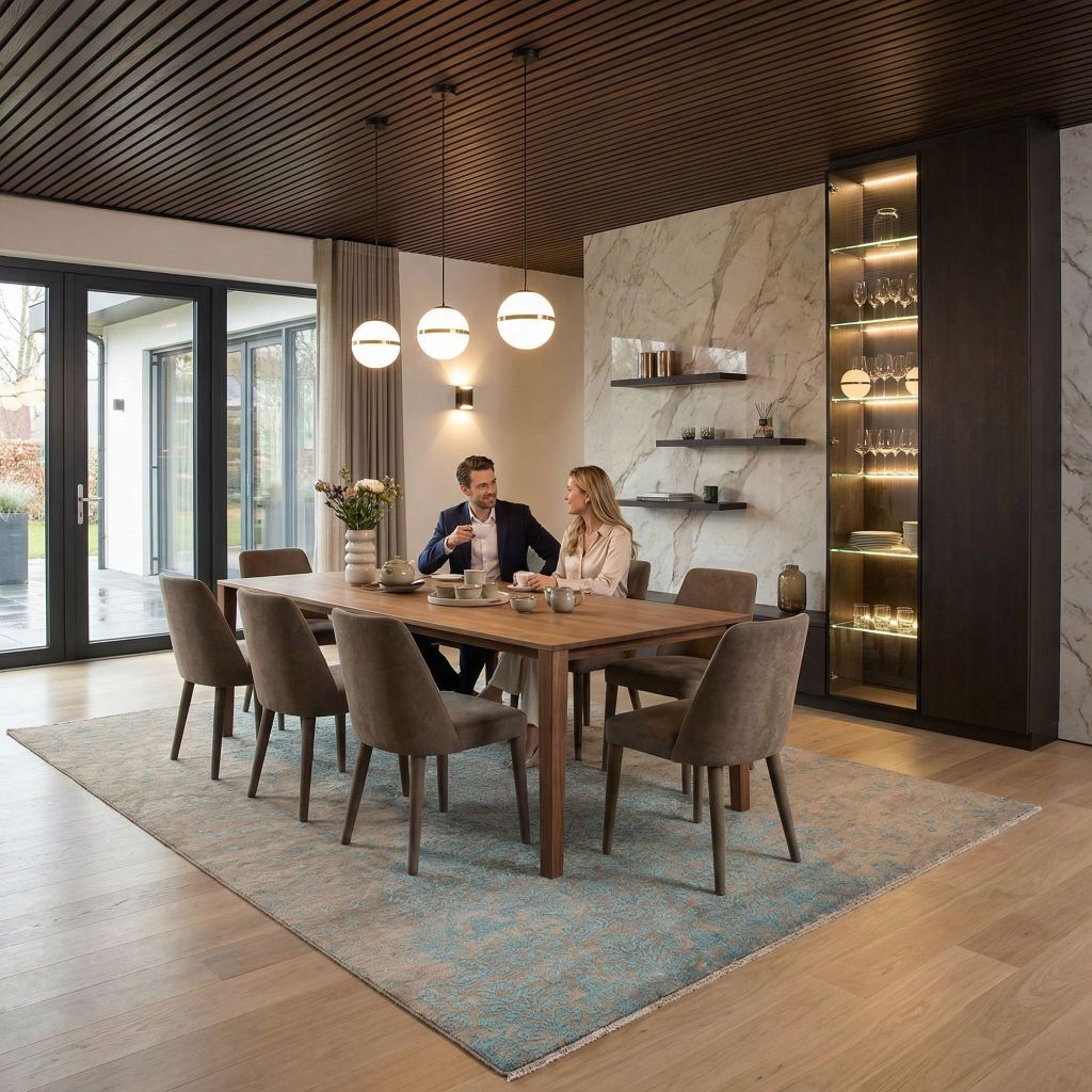 Stilvolle Wohnidee mit handgeknüpfter Teppich Eterno als großer Teppich im Esszimmer unter dem Esstisch