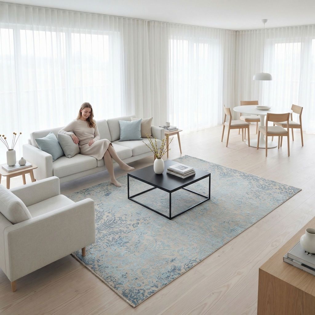 Modernes Wohnzimmer mit handgeknüpftem Teppich Eterno in blau beige unter Couchtisch und Sitzgruppe