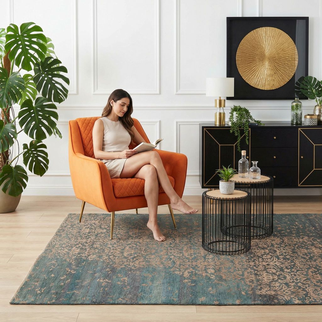 Handgeknüpfter Teppich Eterno als großer Wohnzimmerteppich im hellen Raum mit Pflanzen und Leseecke