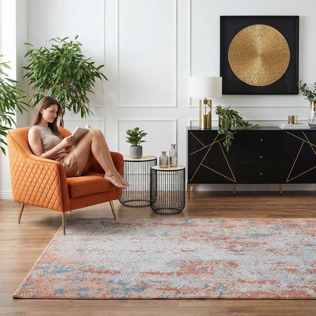 Modernes kleines Wohnzimmerbild mit handgeknüpftem Teppich Eterno in Vintage Optik und Holzfußboden