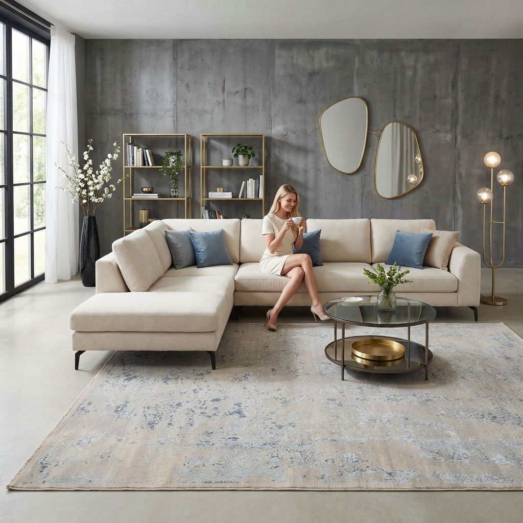 Handgeknüpfter Teppich Eterno im modernen Wohnzimmer vor beiger Sofalandschaft und Betonwand