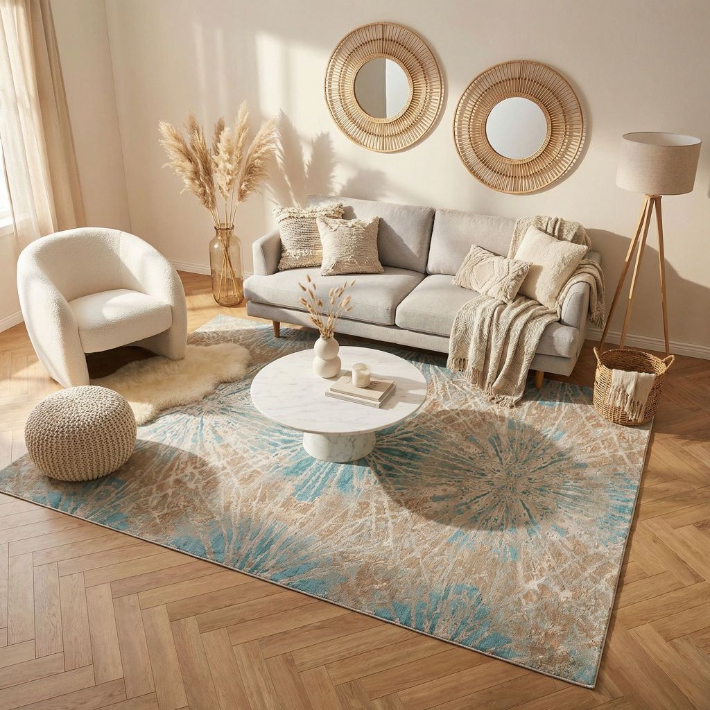 Wohnraumidee mit handgeknüpftem Teppich Eterno in Beige und Türkis unter Couchtisch und Sofa