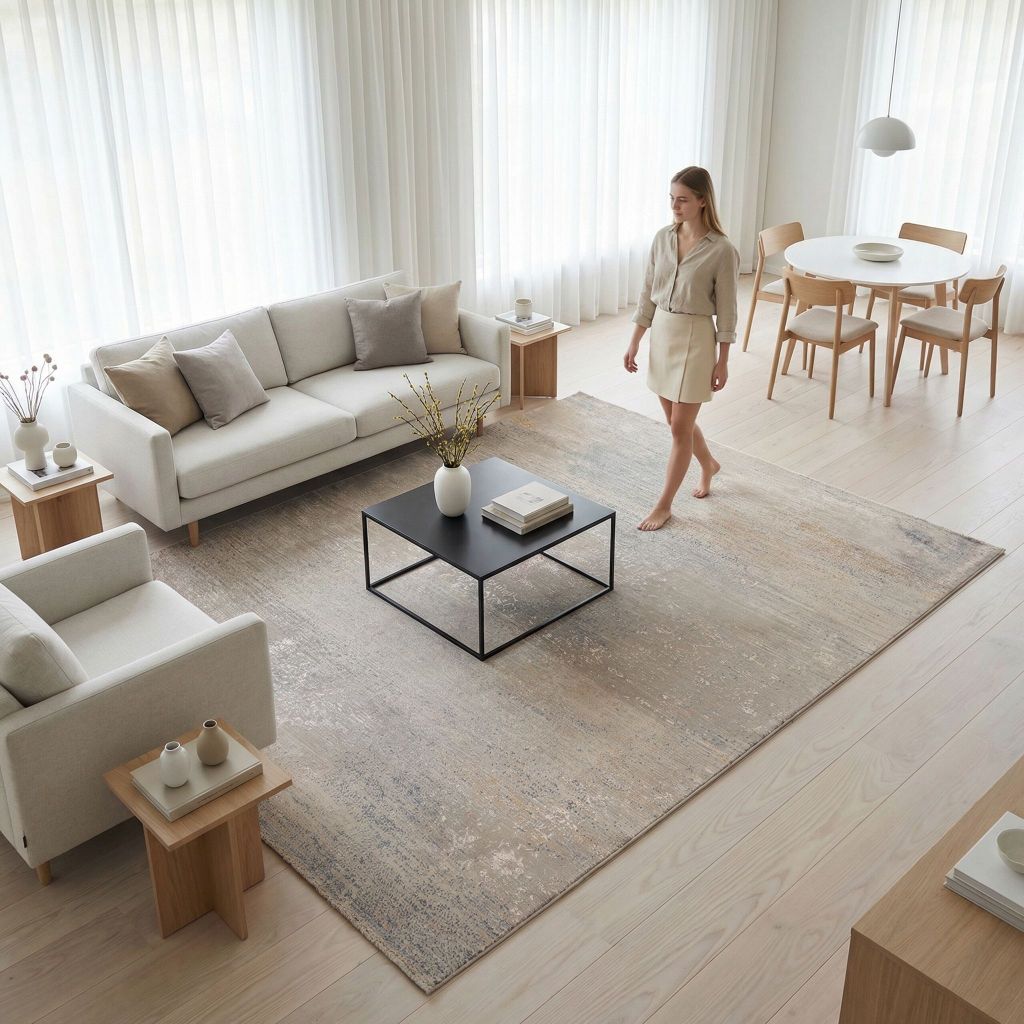 Helles skandinavisches Wohnzimmer mit handgeknüpfter Teppich Eterno in Beige Grau