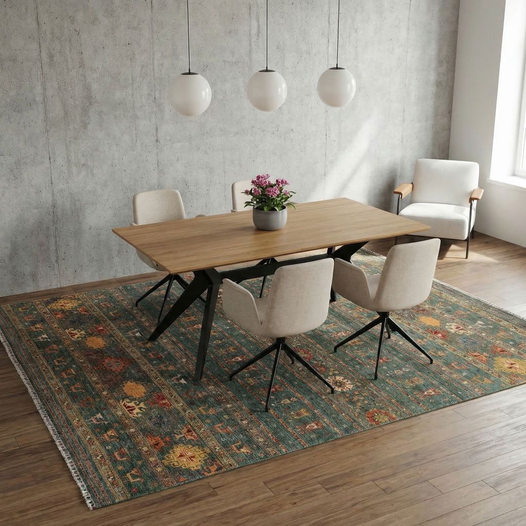 Handgeknüpfter Teppich Ferahan-Lori im modernen Esszimmer unter Holztisch und Stühlen