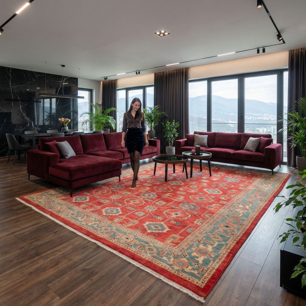 Moderner Wohnraum mit handgeknüpfter Orient-Teppich Ghadimi rot blau unter Couchtisch und Sofa