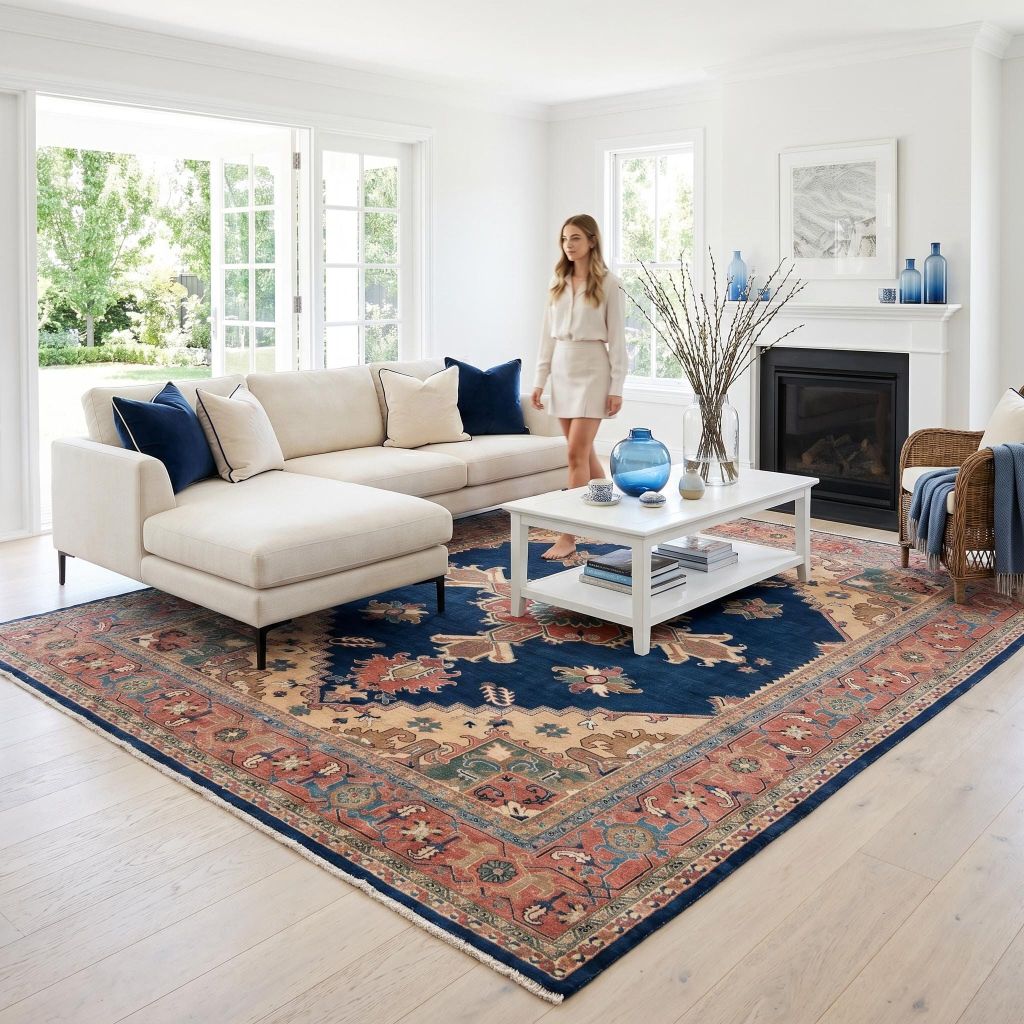 Handgeknüpfter Teppich Ghadimi als Blickfang im modernen Wohnzimmer vor Kamin und weißen Wänden