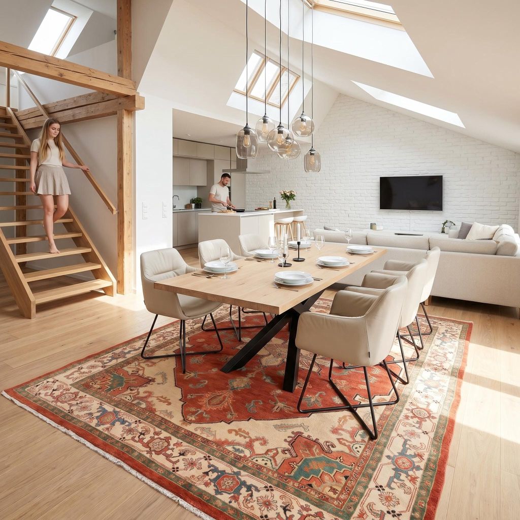 Wohnidee im hellen Loft mit handgeknüpfter Teppich Ghadimi unter dem Esstisch in Rot und Beige