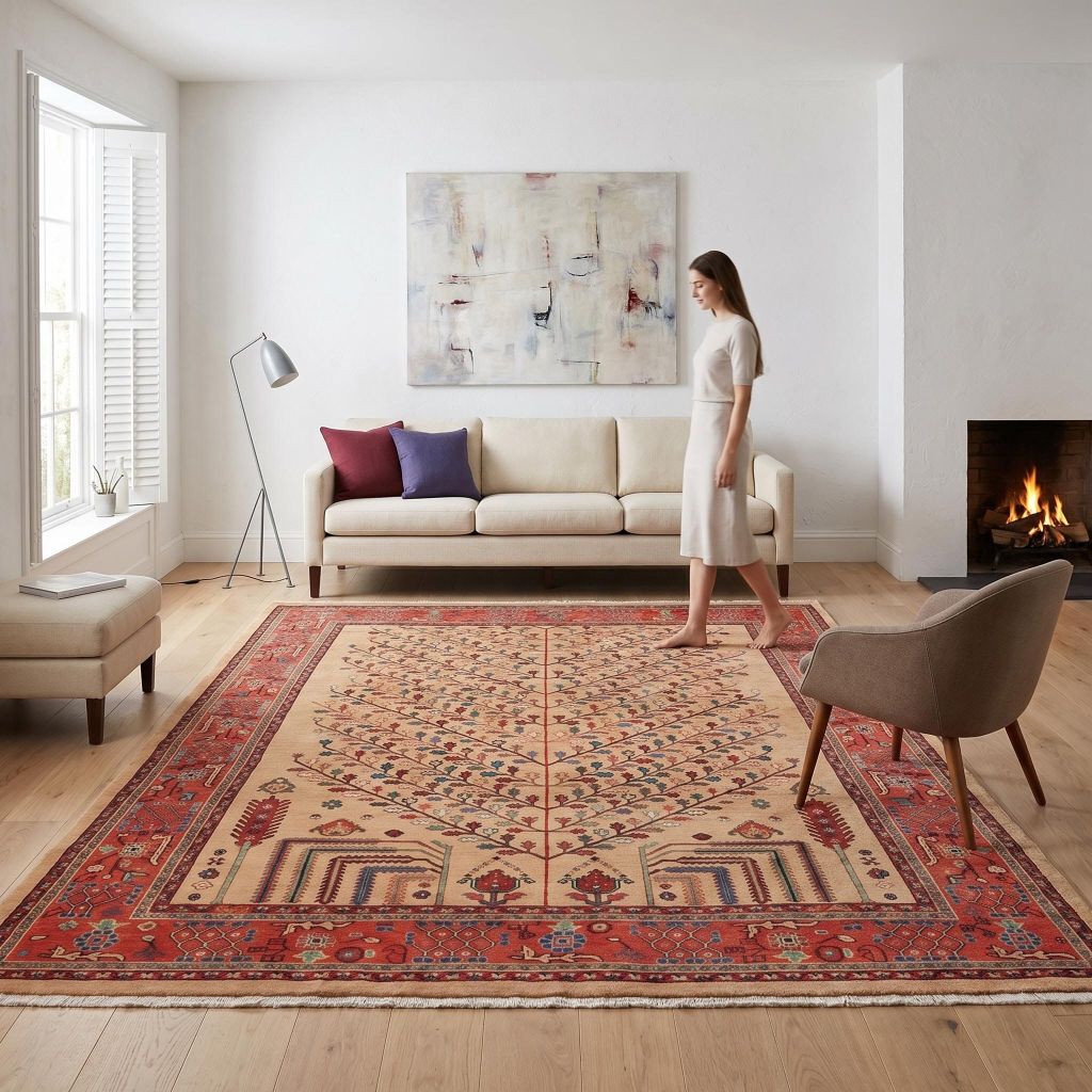 Wohnraumidee mit Sofa und handgeknüpfter Teppich Ghadimi als großer Orientteppich in Beige Rot