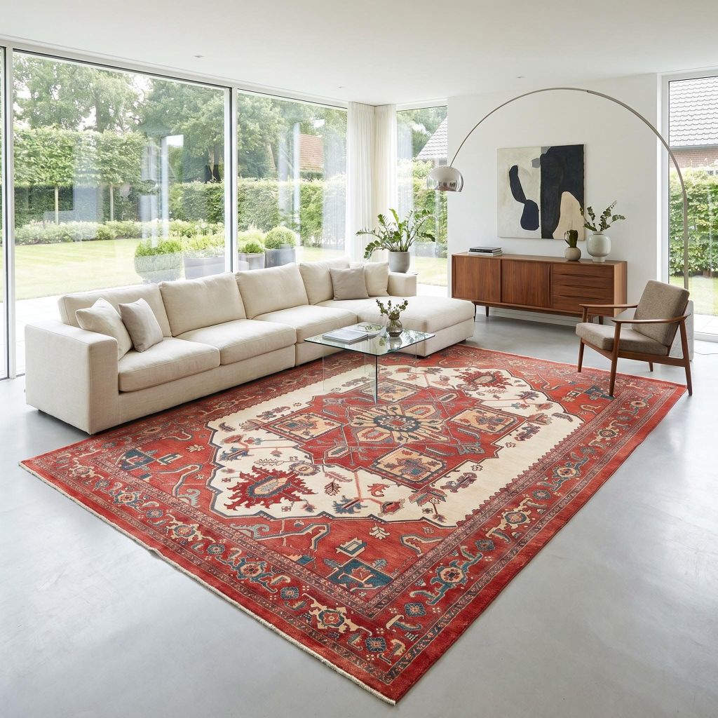 Helles modernes Wohnzimmer mit handgeknüpfterm Teppich Ghadimi in Rot und Creme vor Sofa und Glastisch