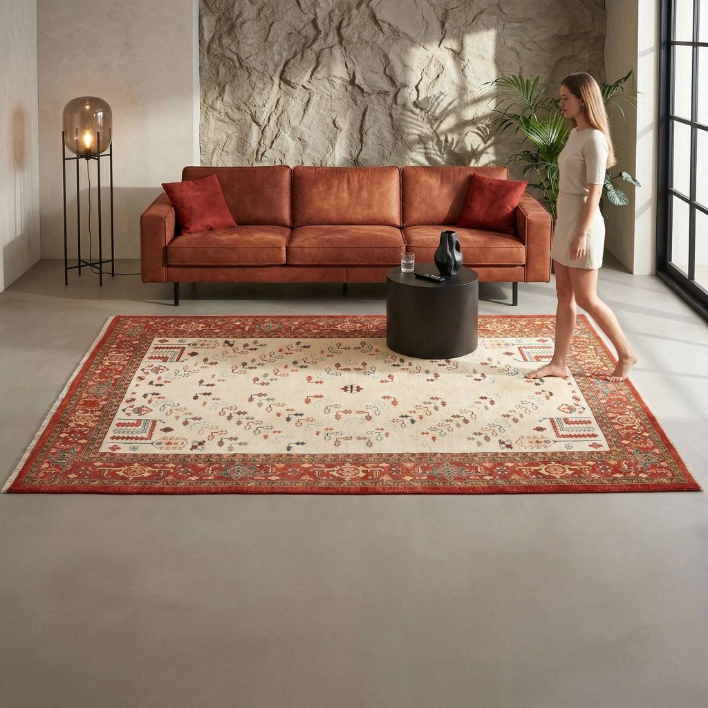 Wohnraumbild mit handgeknüpfter Teppich Ghadimi im skandinavisch modernen Stil unter rundem Couchtisch und Leder-Sofa