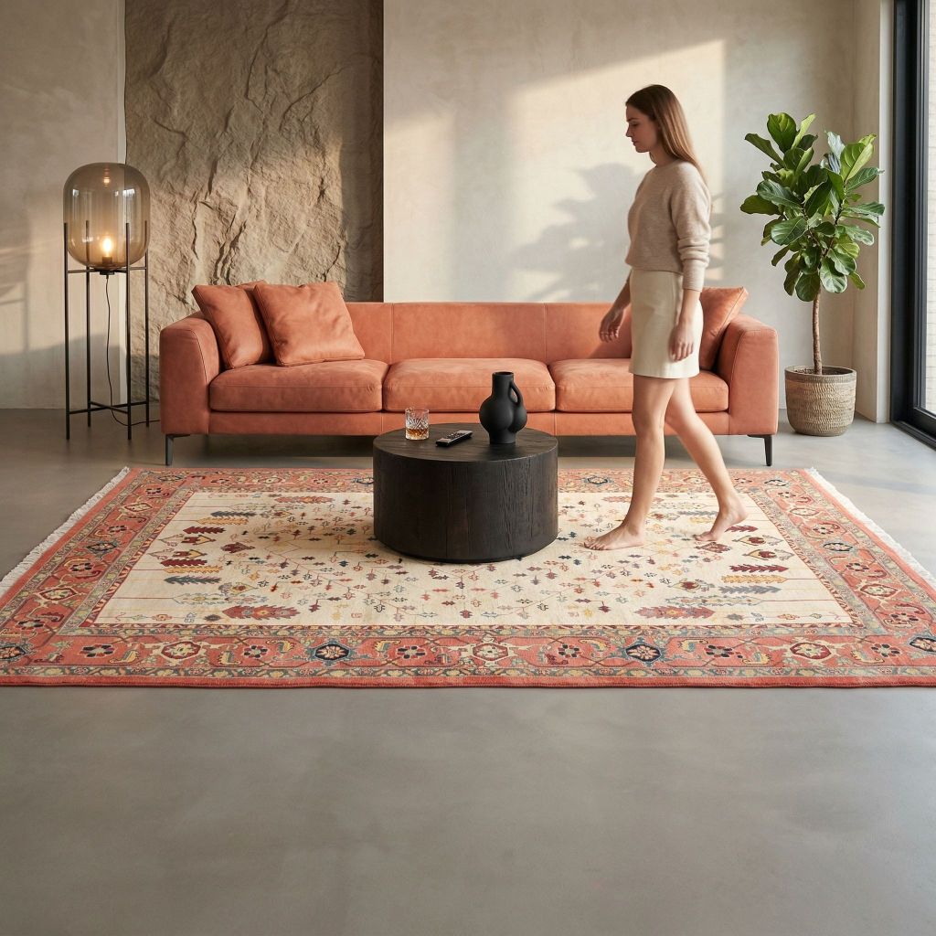 Handgeknüpfter Teppich Ghadimi im modernen Wohnzimmer mit terracotta Sofa und rundem Couchtisch