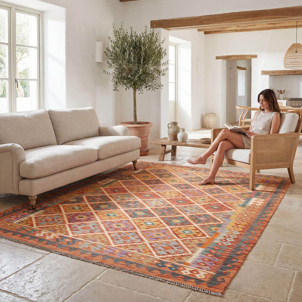 Handgewebter Kelim Ghazghar Teppich im hellen Wohnzimmer mit beigem Sofa und Holzdetails