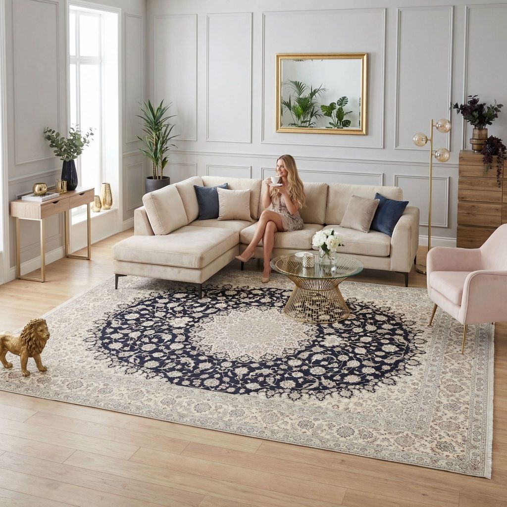 Handgeknüpfter Perserteppich Nain im hellen Wohnzimmer klassisches Muster unter Sofa und Glastisch