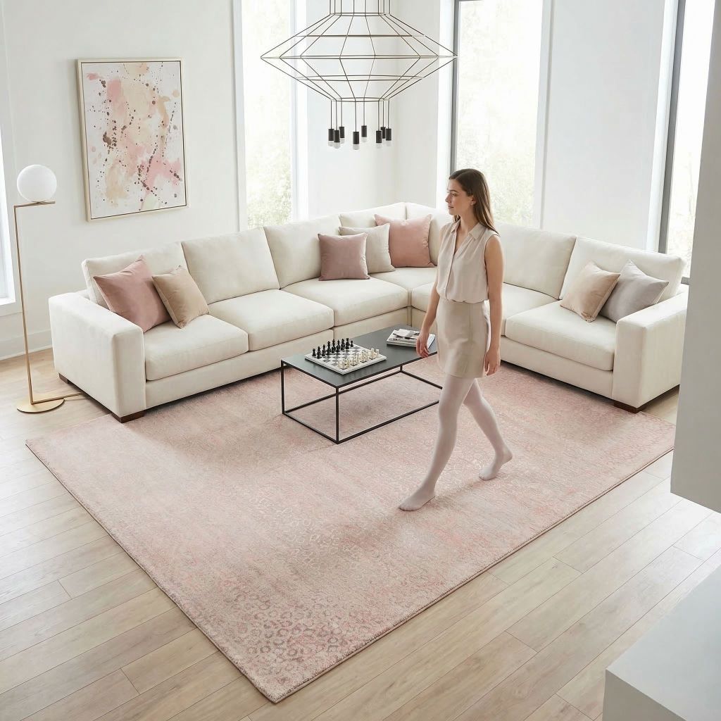 Handgeknüpfter Designer-Teppich Eterno in hellem Wohnzimmer mit großer Eckcouch und Couchtisch