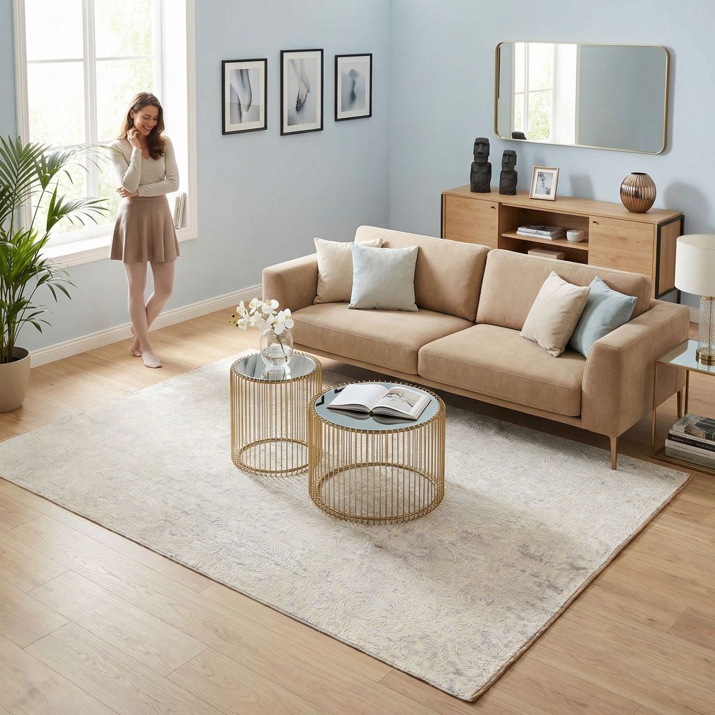 Moderner Wohnraum mit handgeknüpftem Designer-Teppich Eterno als großer Teppich vor Sofa