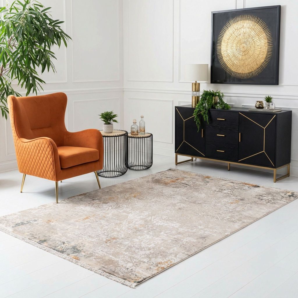 Wohnraumidee mit handgeknüpftem Designer-Teppich Eterno in hellen Naturtönen neben schwarzem Sideboard