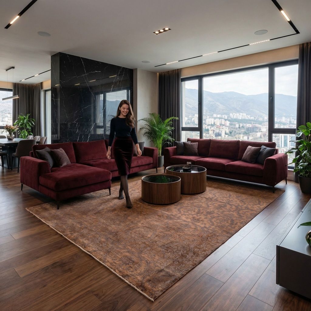 Handgeknüpfter Designer-Teppich Eterno in modernem Wohnzimmer mit bordeauxroten Sofas und Couchtisch