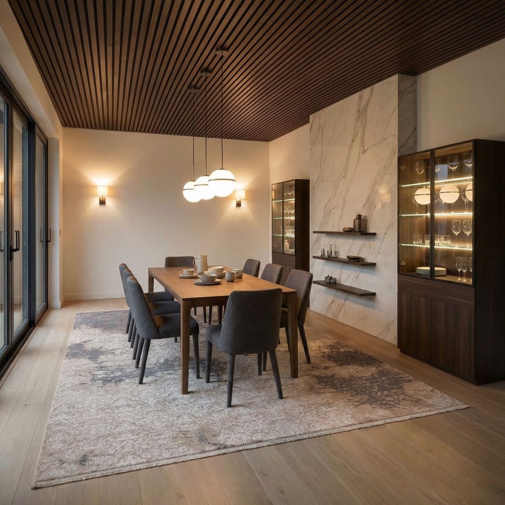 Wohnidee Essbereich mit handgeknüpftem Designer-Teppich Eterno in Grau-Beige auf Holzfußboden