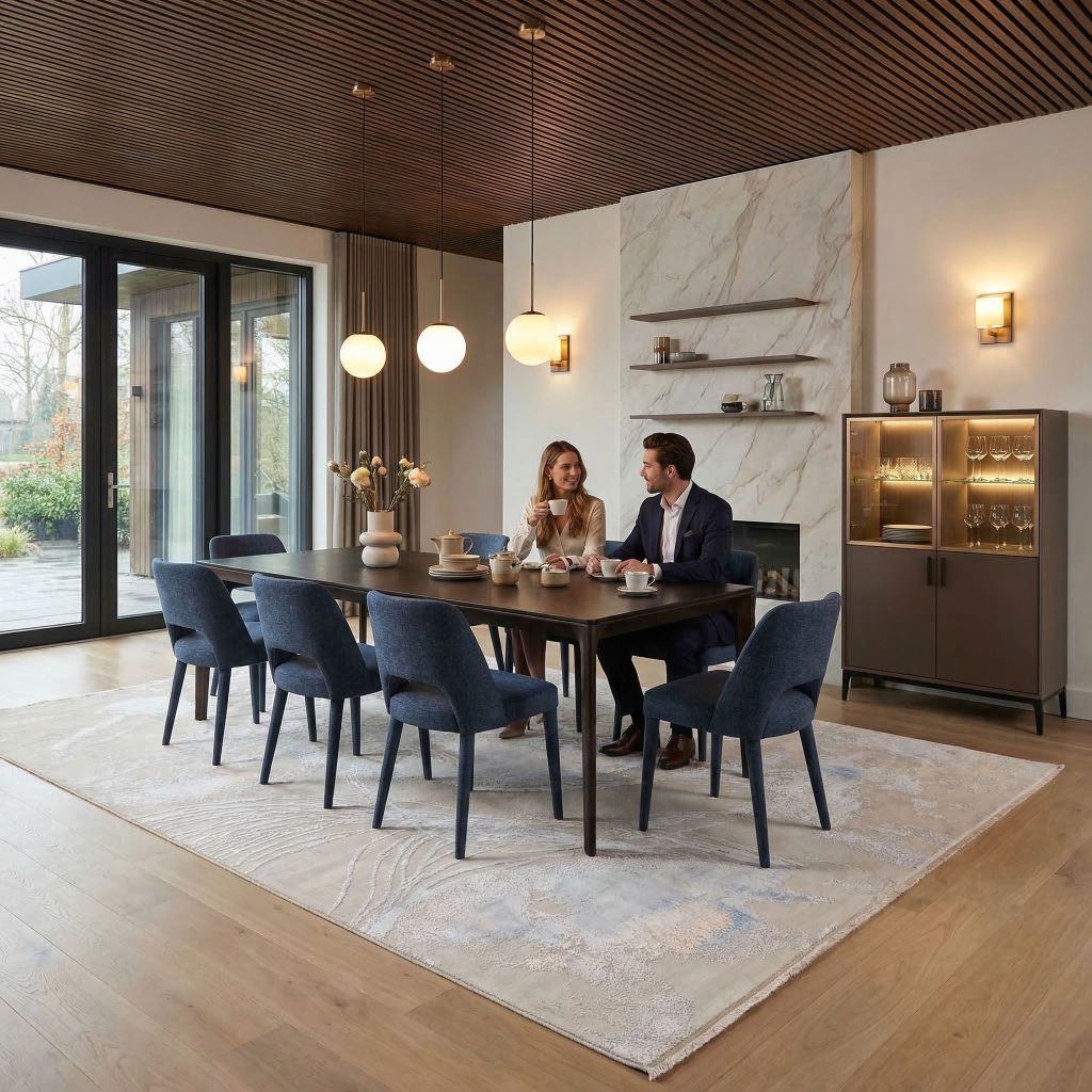 Wohnraumidee mit handgeknüpftem Designer-Teppich Eterno im hellen Essbereich mit blauen Stühlen