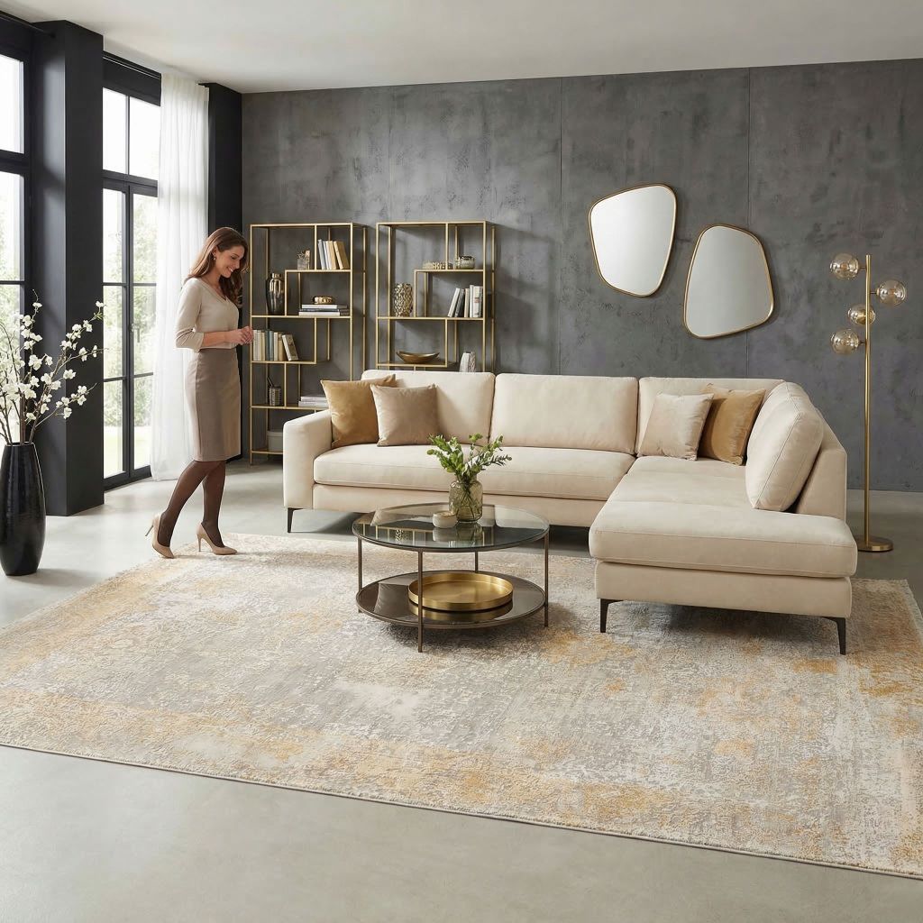 Handgeknüpfter Teppich Eterno als großer Wohnzimmerteppich unter Sofa und Couchtisch im Designlook