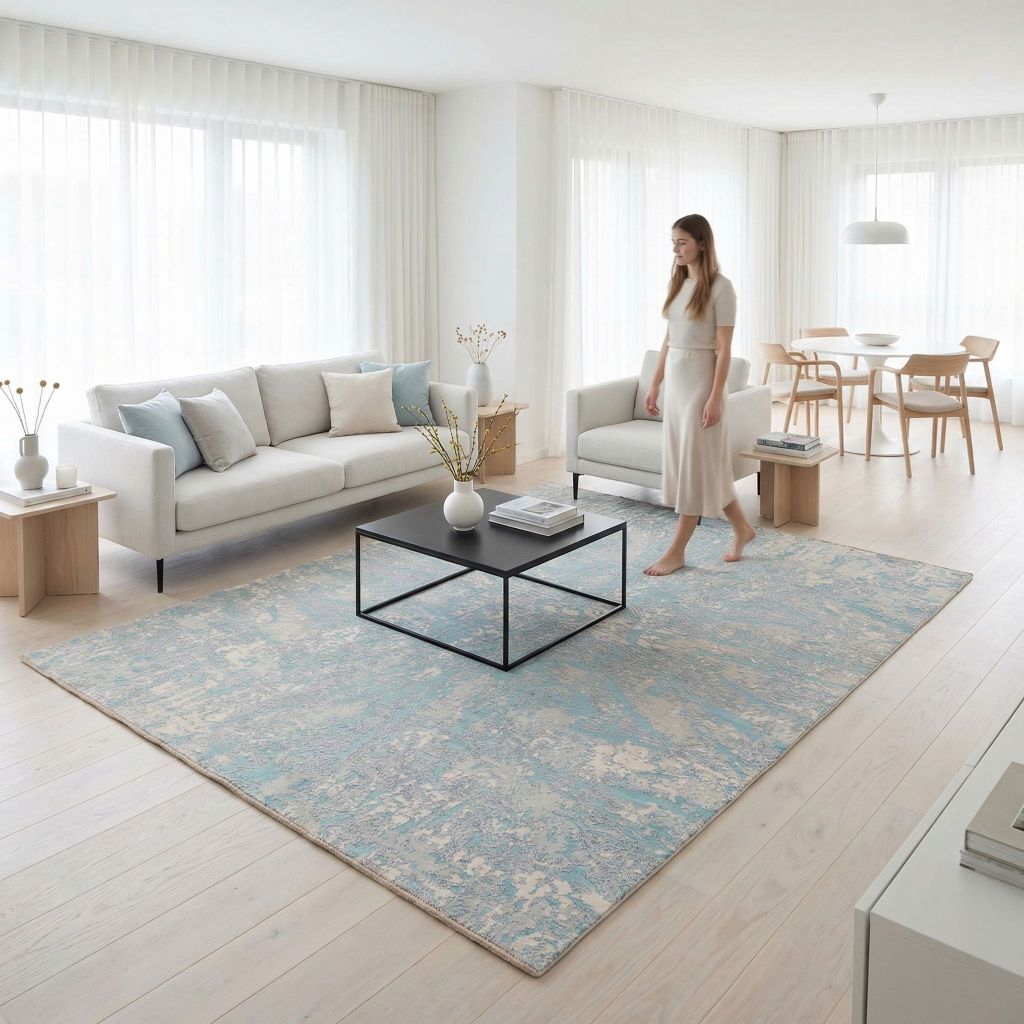 Handgeknüpfter Designer-Teppich Eterno in hellem Wohnzimmer, blau beige Muster unter Couchtisch und Sofa